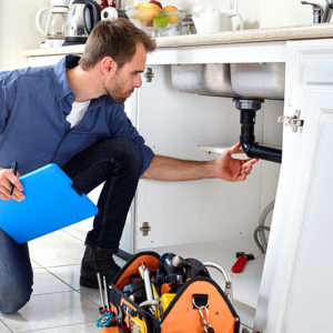 Plumber checking pipes under kitchen sink.
